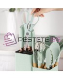 Комплект кухненски прибори от 33 части със стойка, силикон за храна и дърво